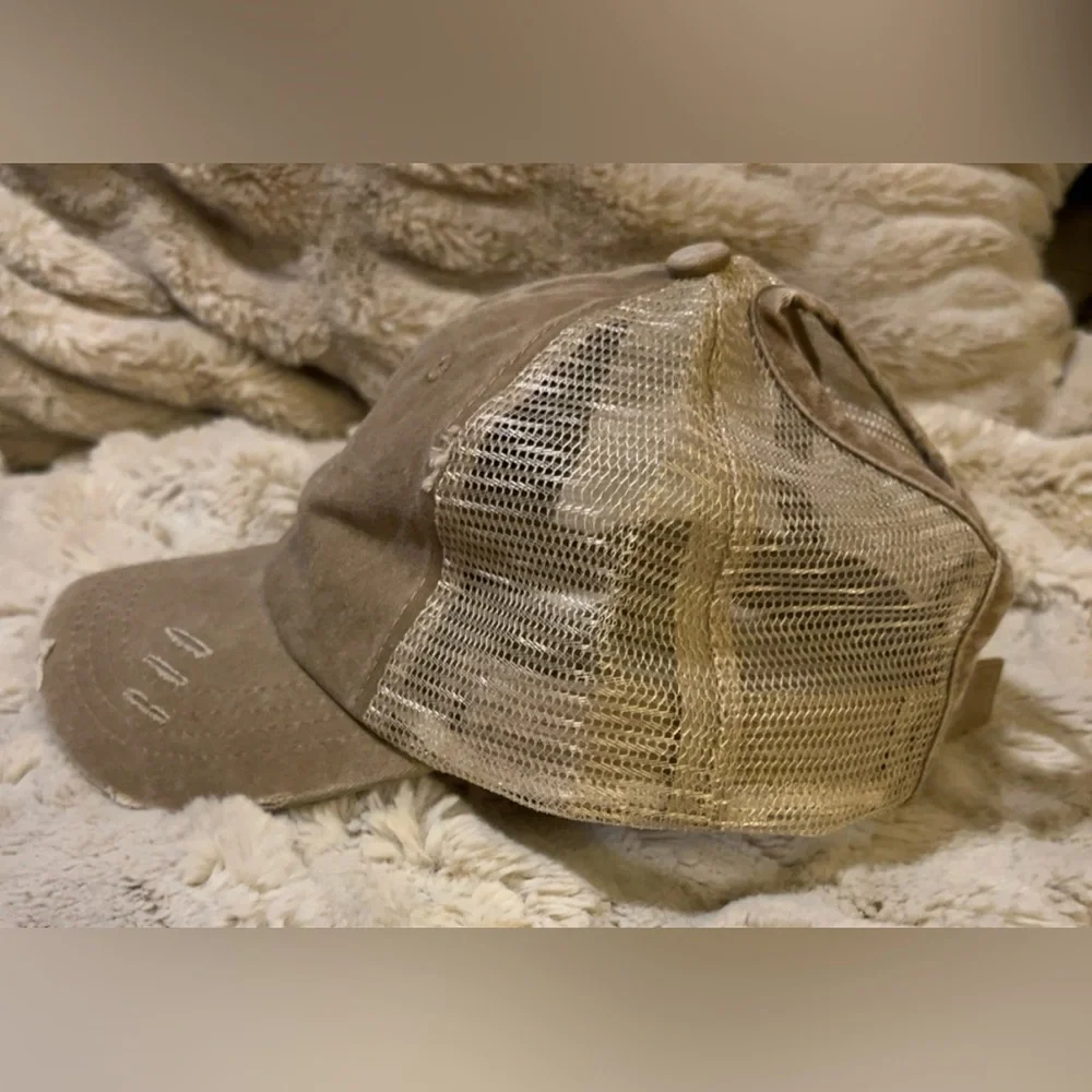 Women’s Distressed Tan Baseball Cap | Hats | Ponytail Hole Hat - Picture 5 of 11